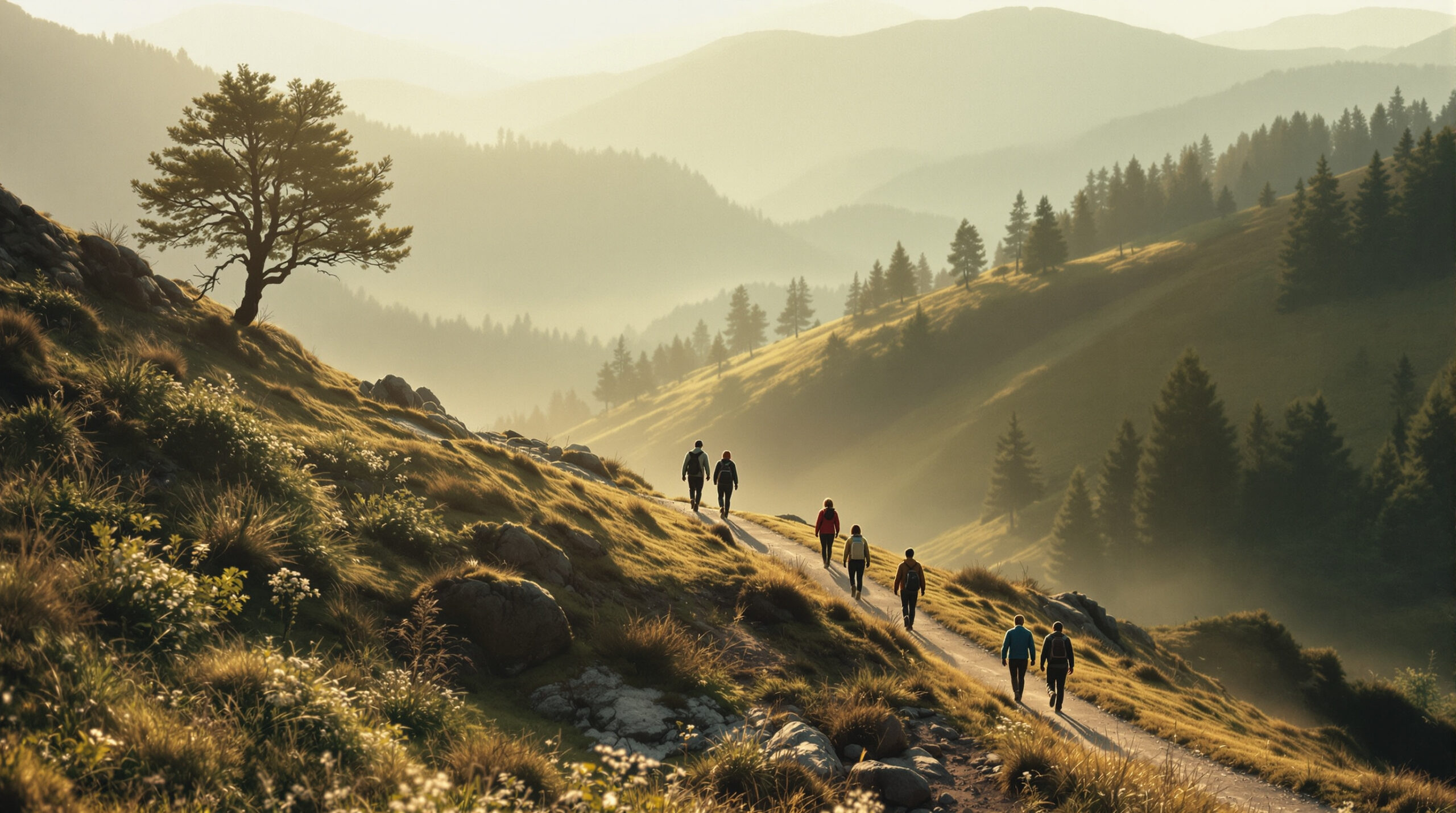 Groupe marchant ensemble sur un sentier en montagne dans une ambiance calme