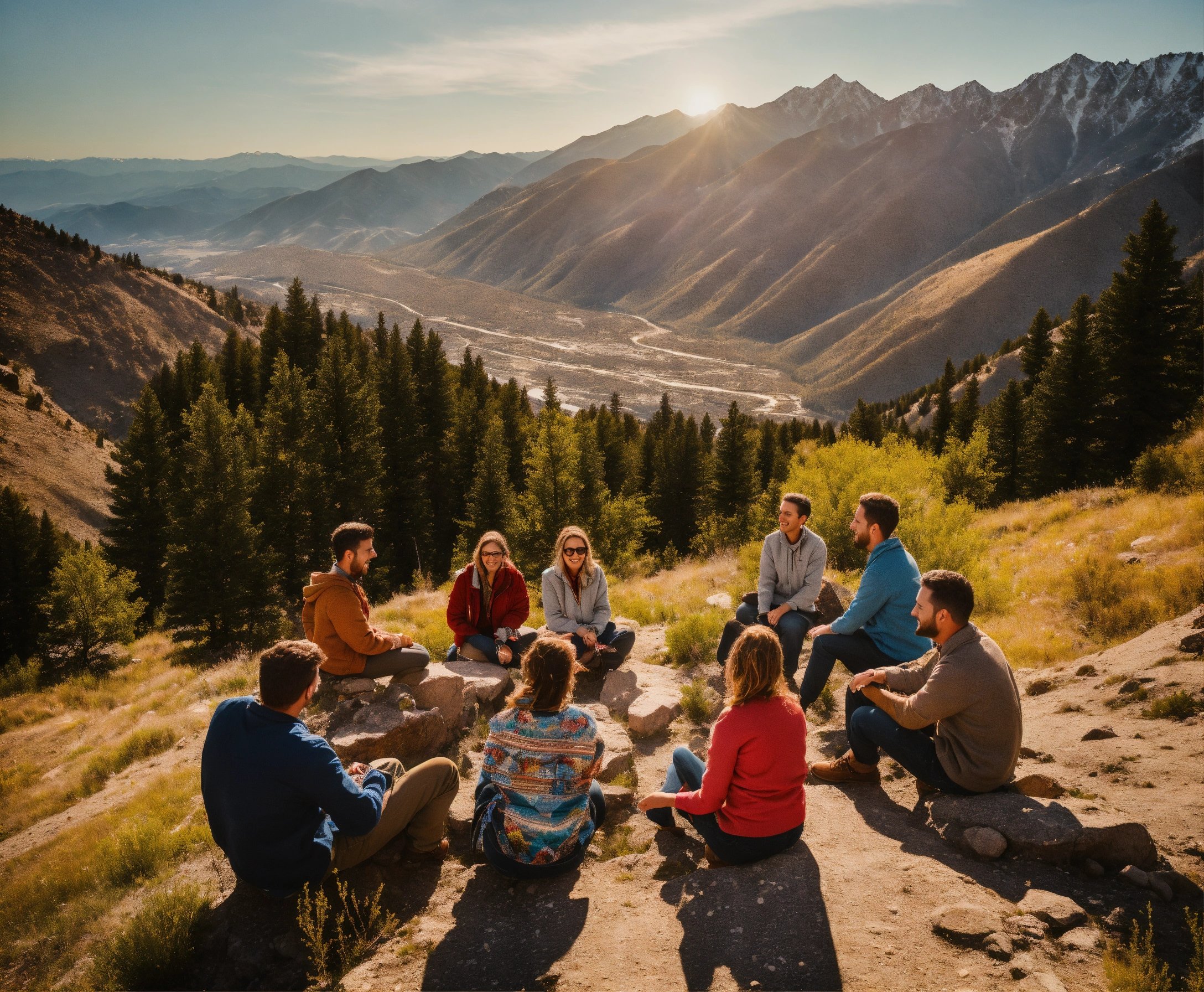 Groupe de baroudeurs assis en cercle sur un flanc de montagne au soleil couchant — esprit de tribu et appartenance